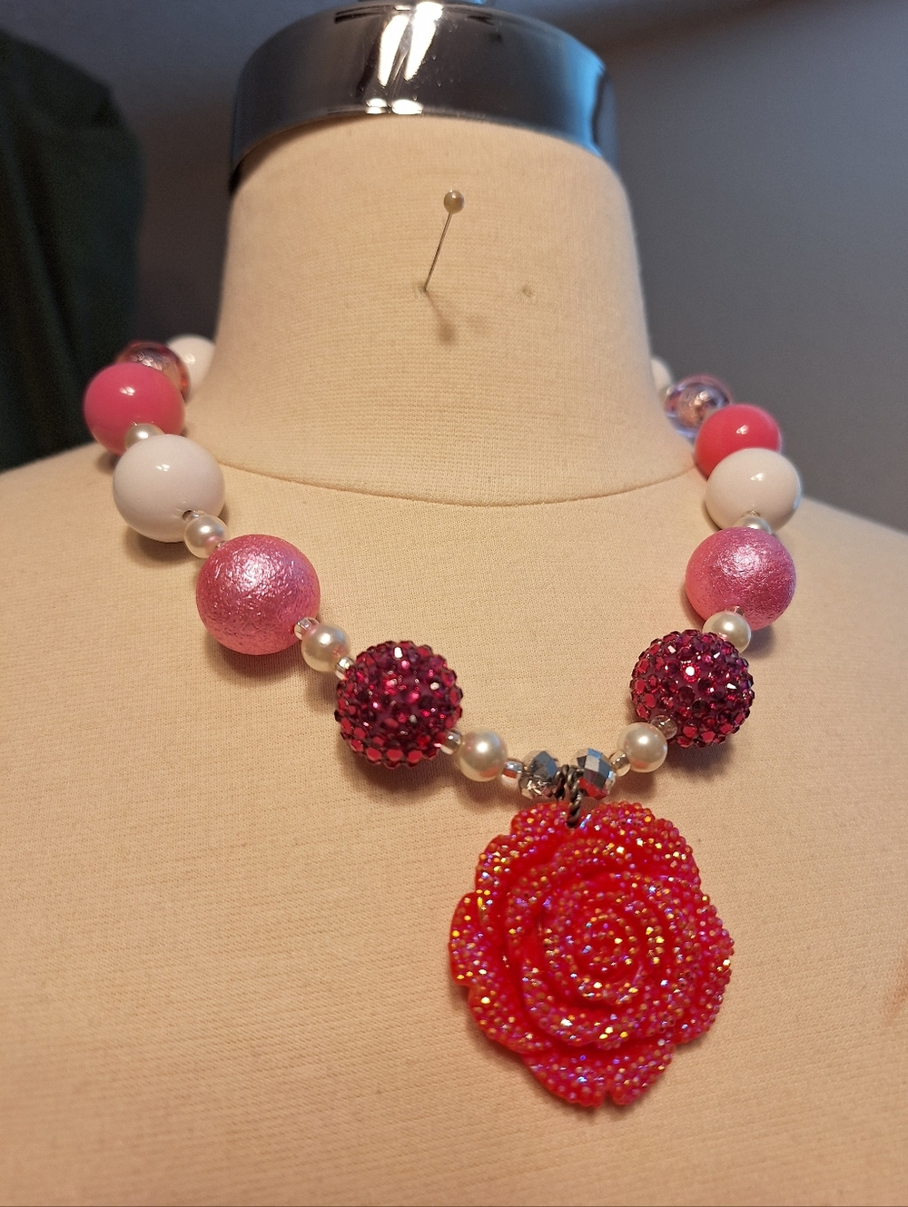 Rose Pink Bling Bubble gum necklace 20" inch